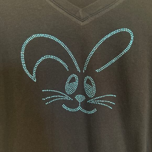 Rhinestone Cute Blue Easter Bunny T-Shirt Short Sleeve Black Tee NEW Sparkly! - Picture 4 of 4